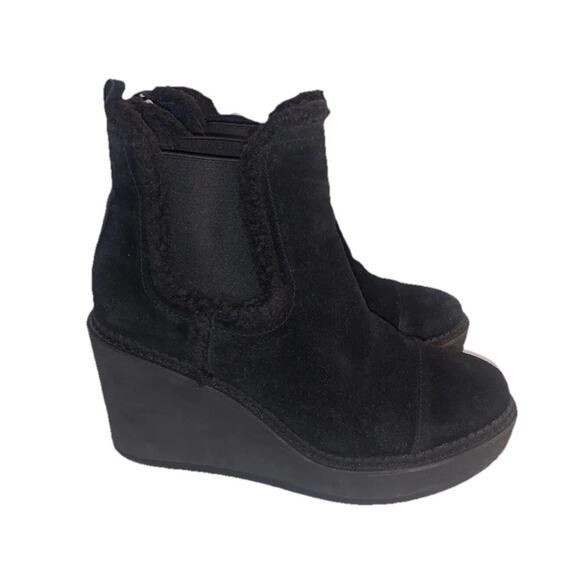 Sam Edelman Sz 9 Black Reagan Suede Faux Leather Wedge Heel Sherpa Lined Pull On - Picture 1 of 13